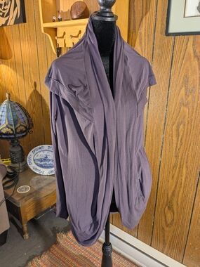 Draped Open Front Hooded Cardigan in Smoky Purple